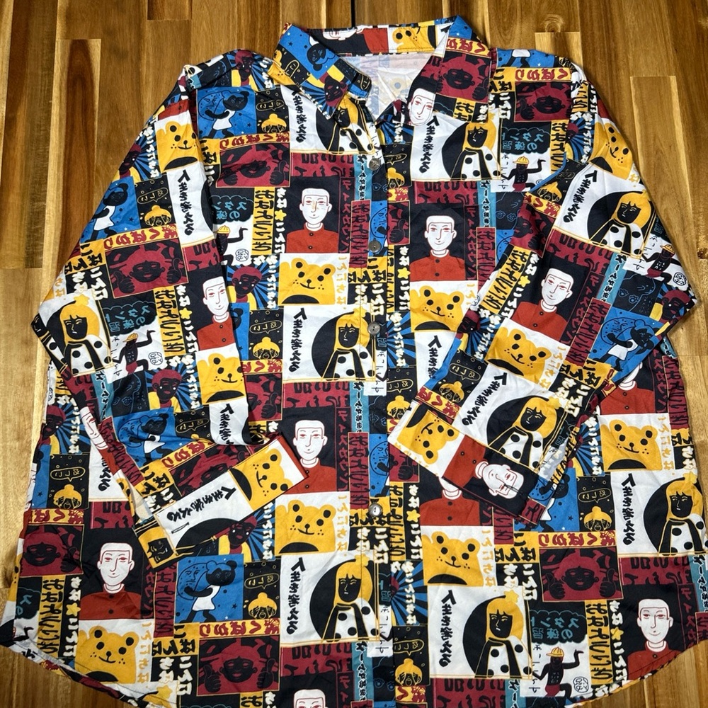 Colorful Japanese Print Button-Up Long Sleeve Shirt – Women L, 30”x28” Polyester